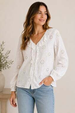 Alex & Jordan White Eyelet Cotton Button Front Blouse Floral Embroidery Size L